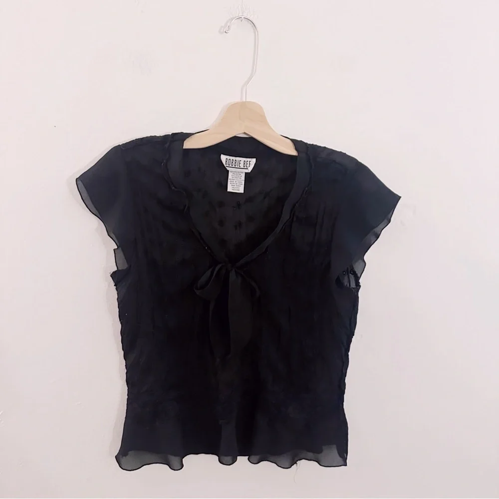 Vintage Robbie Bee Ascot Tie Chic Black Sheer Top Short Sleeve - Picture 4 of 4